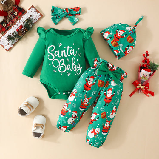 Ensemble Bébé de Noël “Santa Baby” – 4 Pièces (Body + Pantalon + Bonnet + Bandeau)