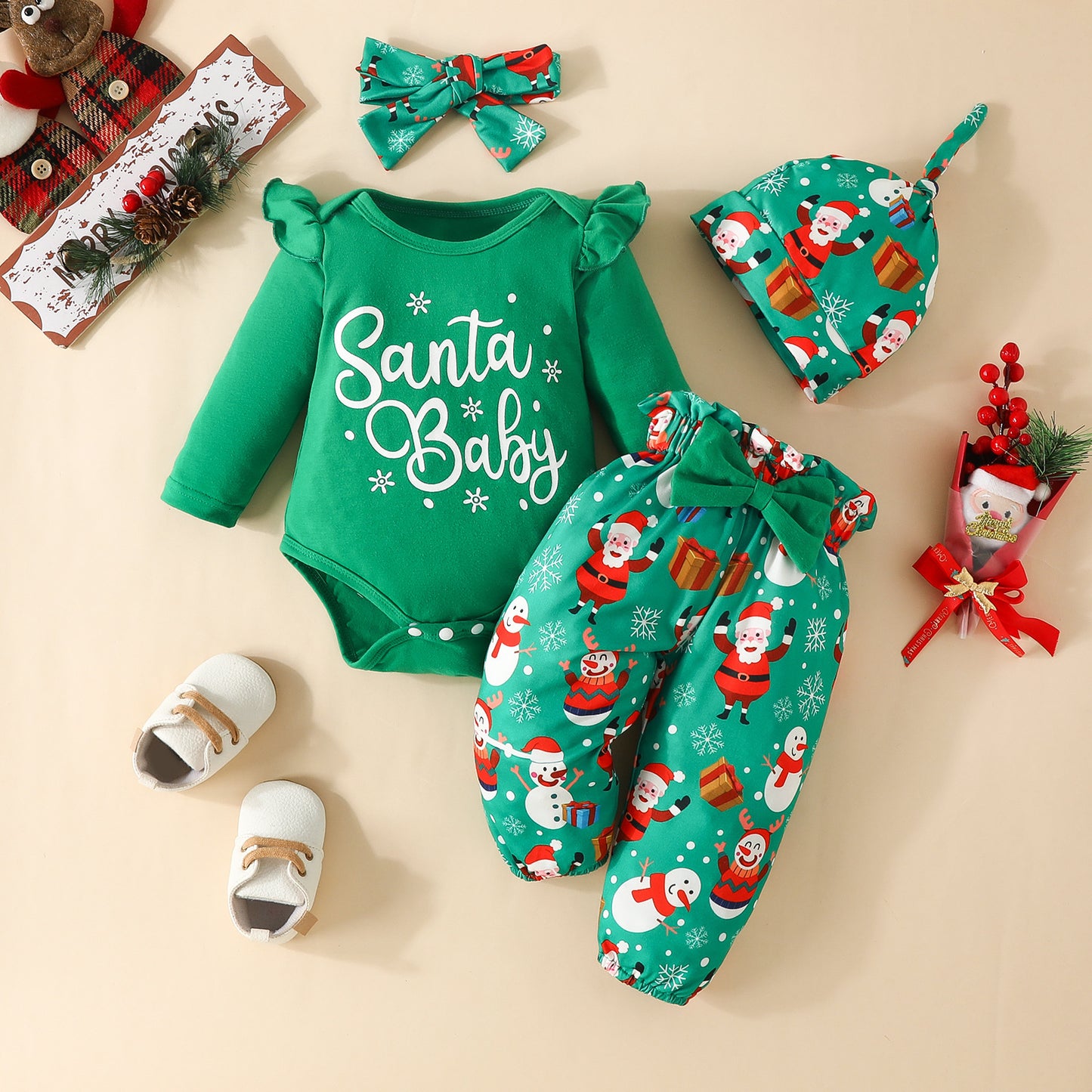 Ensemble Bébé de Noël “Santa Baby” – 4 Pièces (Body + Pantalon + Bonnet + Bandeau)