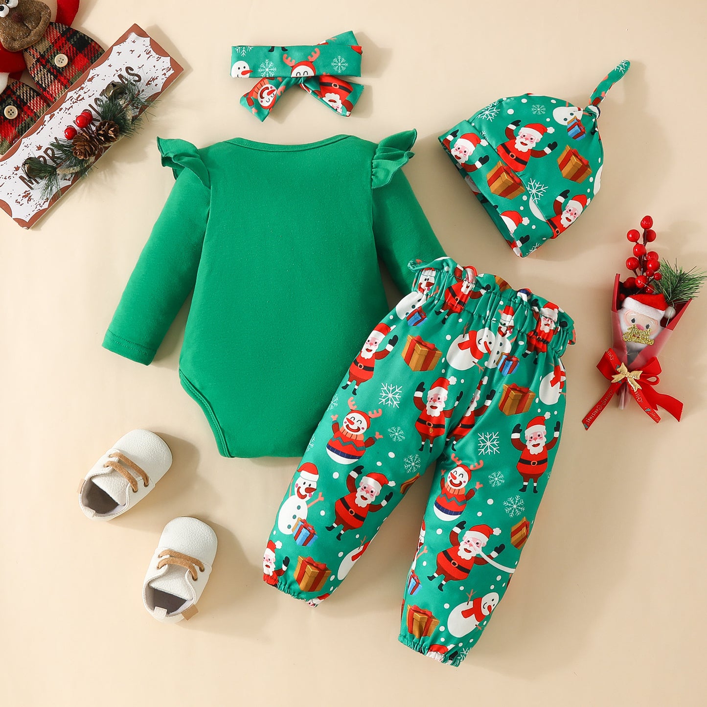 Ensemble Bébé de Noël “Santa Baby” – 4 Pièces (Body + Pantalon + Bonnet + Bandeau)