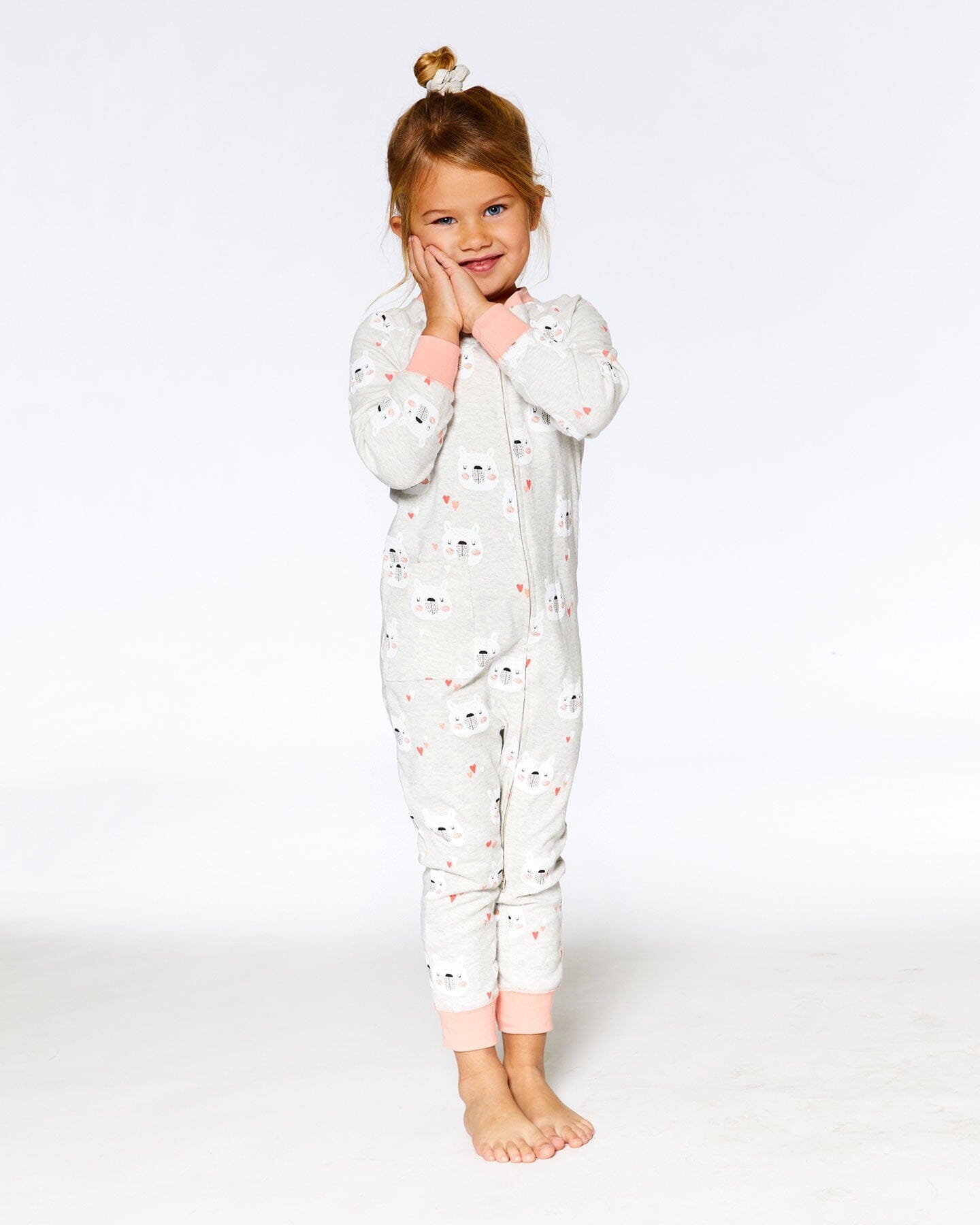 Organic Cotton One Piece Long Sleeve Printed Bears Pajama Oatmeal Mix-1