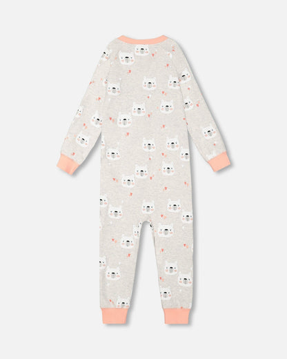 Organic Cotton One Piece Long Sleeve Printed Bears Pajama Oatmeal Mix-2