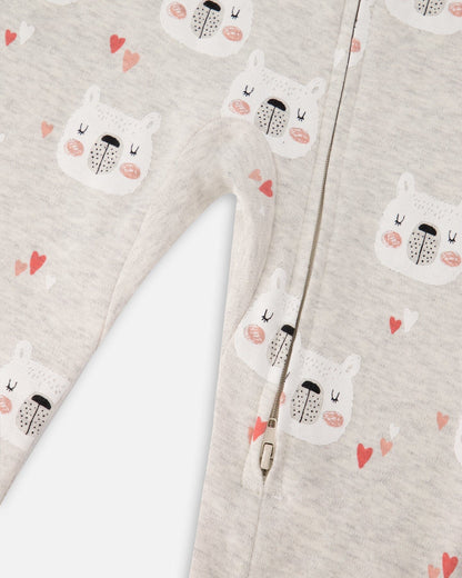 Organic Cotton One Piece Long Sleeve Printed Bears Pajama Oatmeal Mix-3