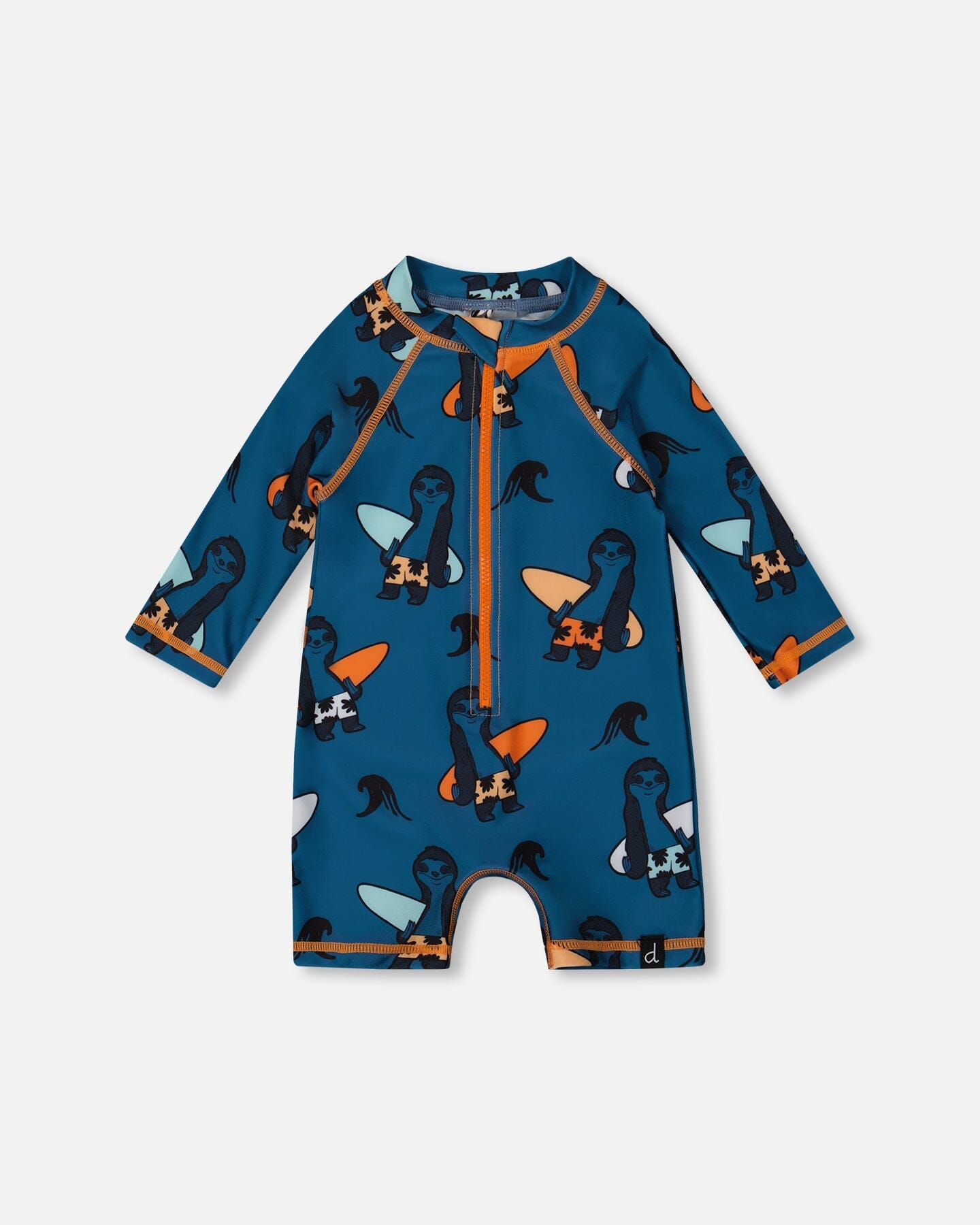 Printed Long Sleeve One-Piece Rashguard Orange Sloths On Navy Blue-0