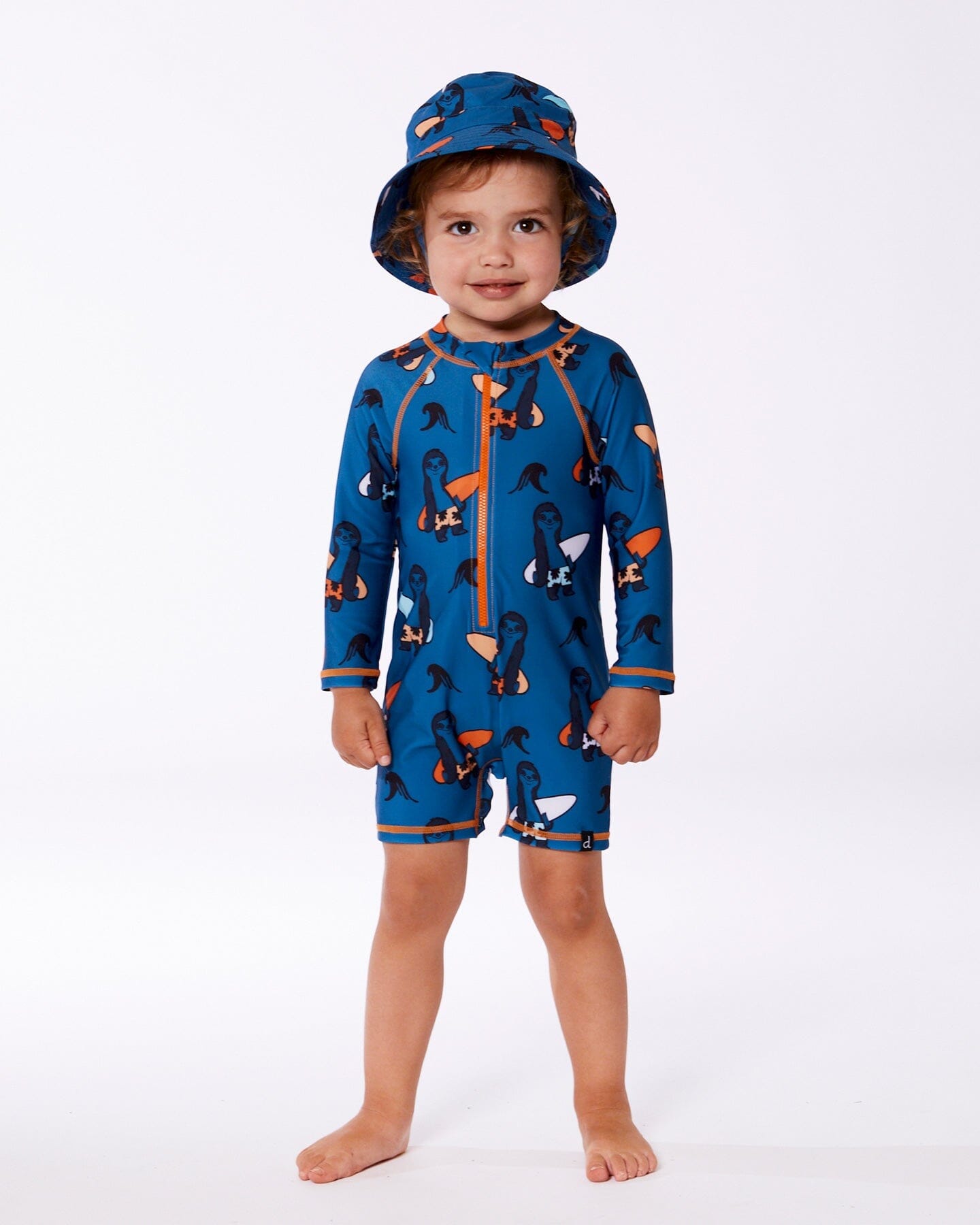 Printed Long Sleeve One-Piece Rashguard Orange Sloths On Navy Blue-2