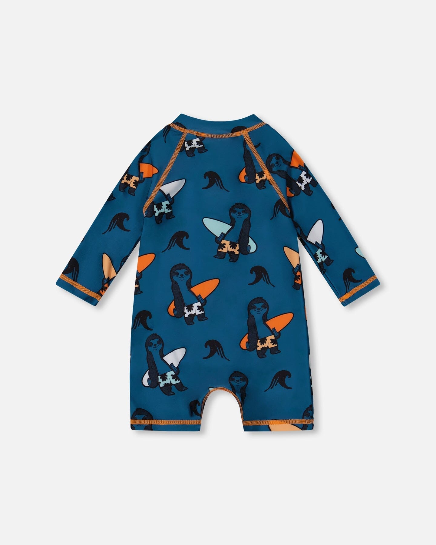 Printed Long Sleeve One-Piece Rashguard Orange Sloths On Navy Blue-3