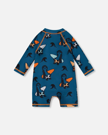 Printed Long Sleeve One-Piece Rashguard Orange Sloths On Navy Blue-3