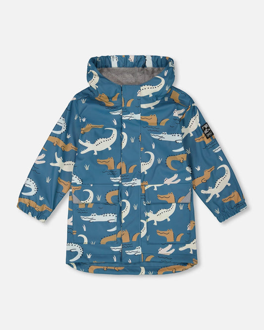 Blue Raincoat With Crocodiles That Change Color Upon Contact With Water-0
