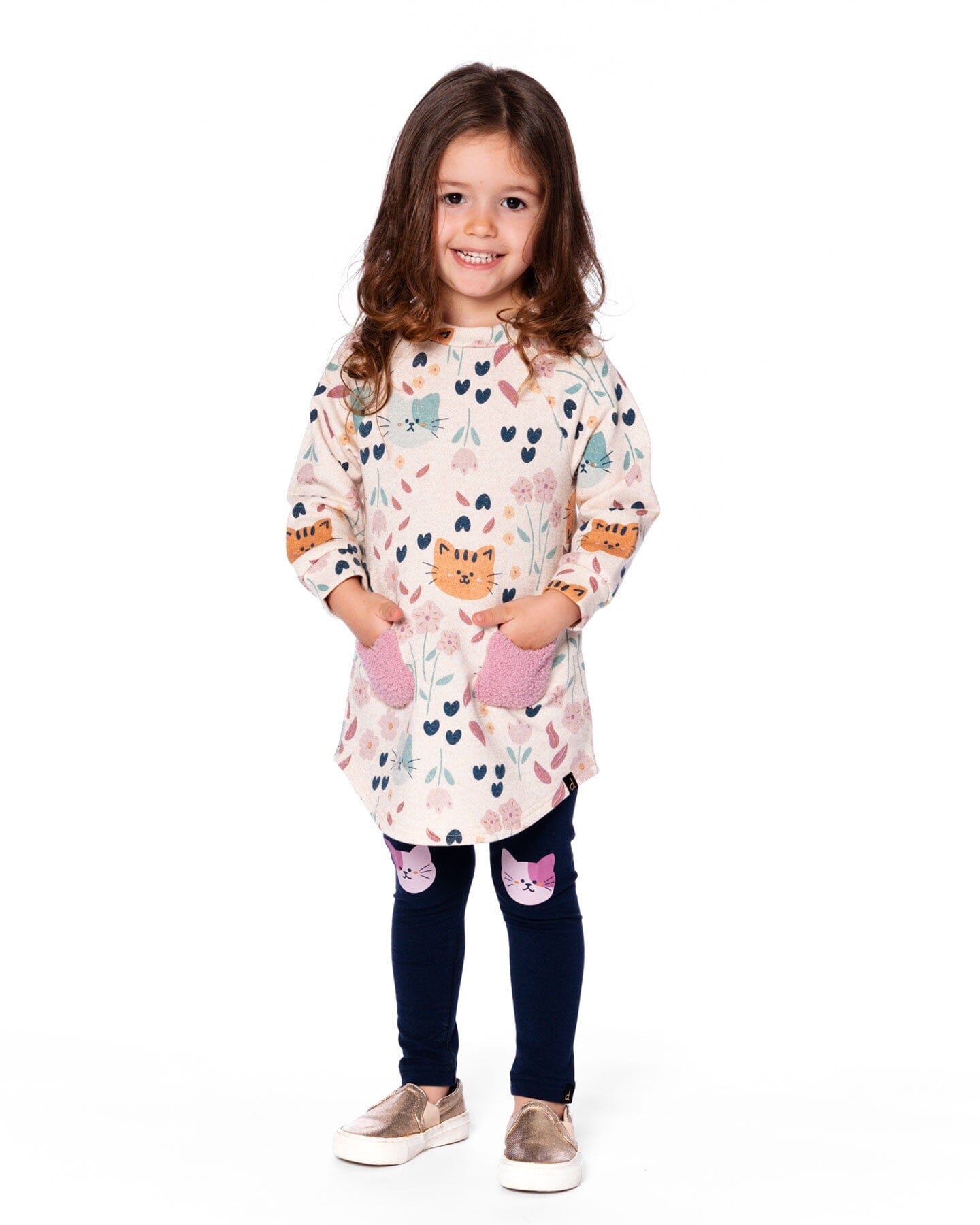 Glittering French Terry Dress Beige Printed Cat-3