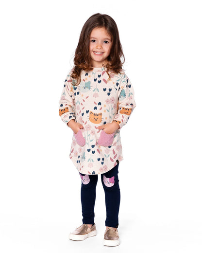 Glittering French Terry Dress Beige Printed Cat-3