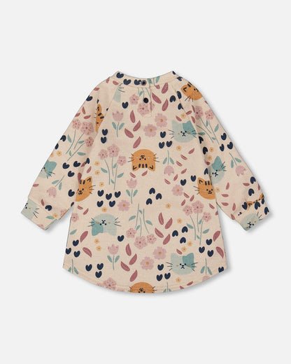 Glittering French Terry Dress Beige Printed Cat-4