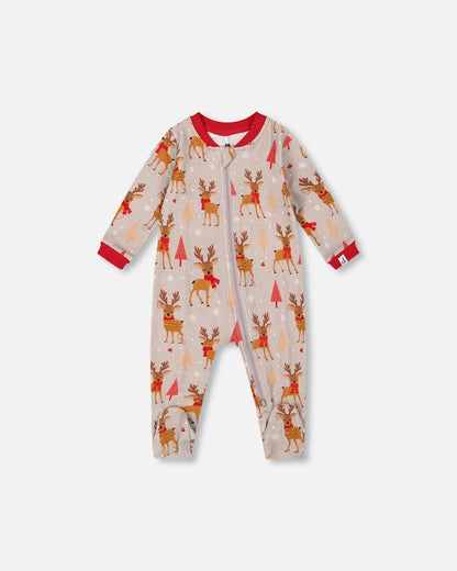 One-Piece Organic Cotton Pajama Beige Reindeer Print-0